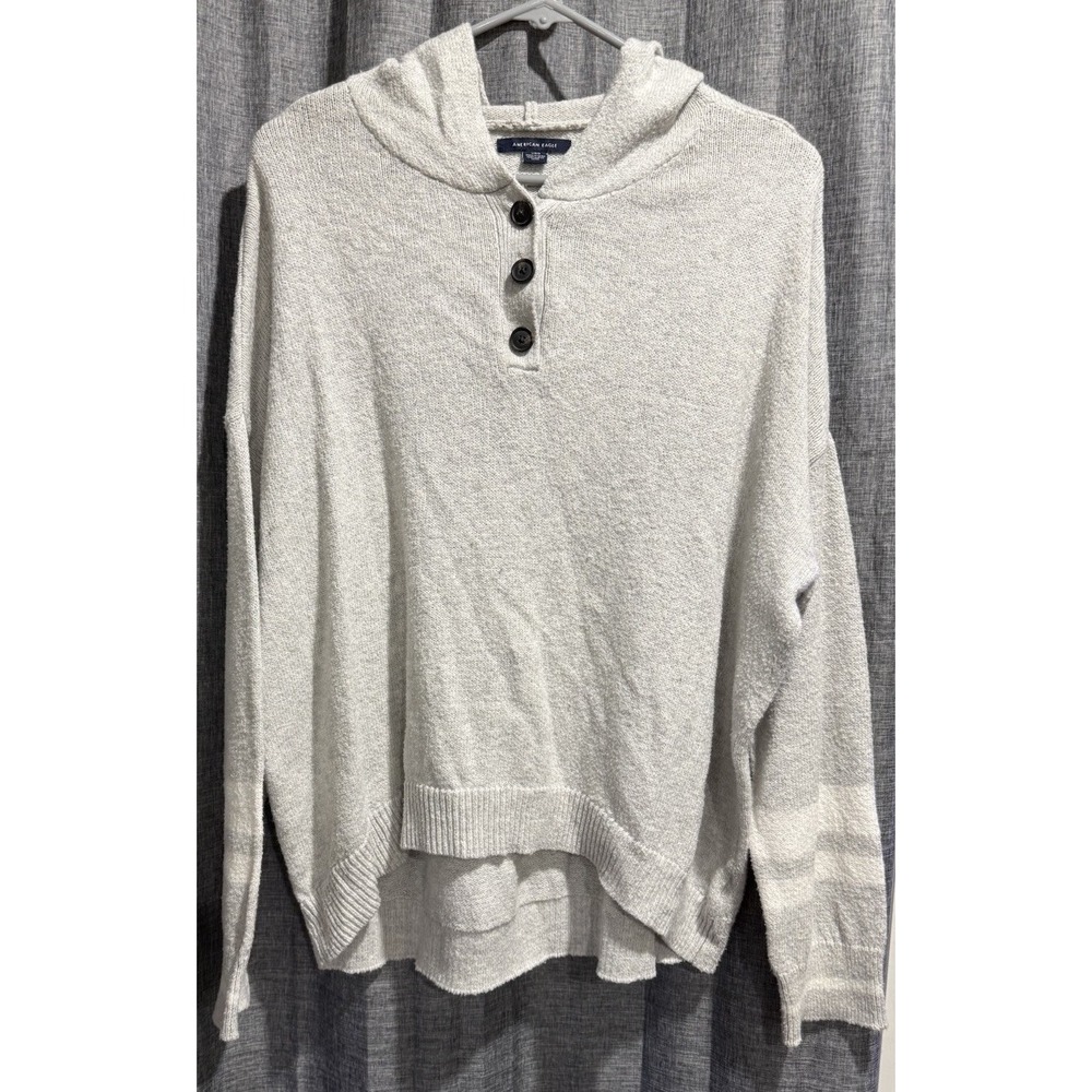 American Eagle Women's Creamy Gray Three Button Hooded Sweater Size Large LS